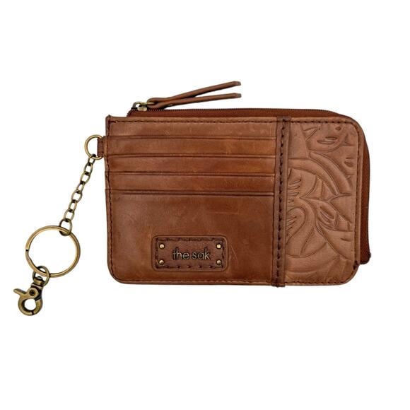 The Sak Brown Leather Iris Teak Leaf Embossed Slotted Card Travel Wallet - Picture 1 of 10